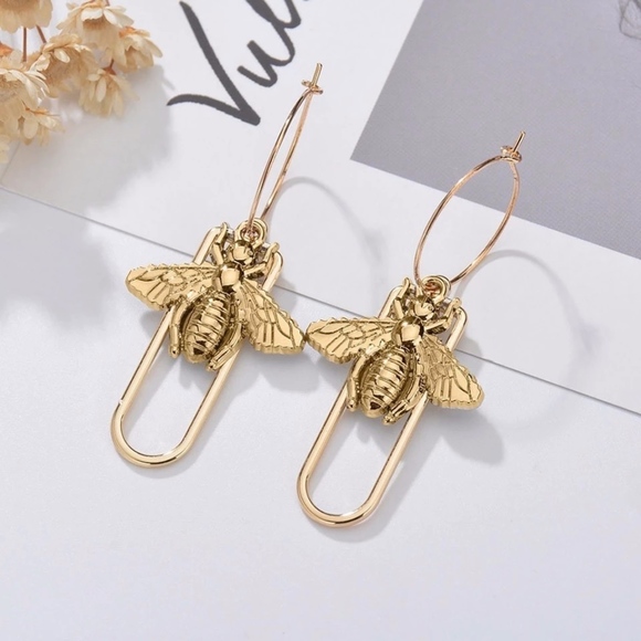 Queen Bee Drop Hoop Gold Detail Earrings - Picture 1 of 7